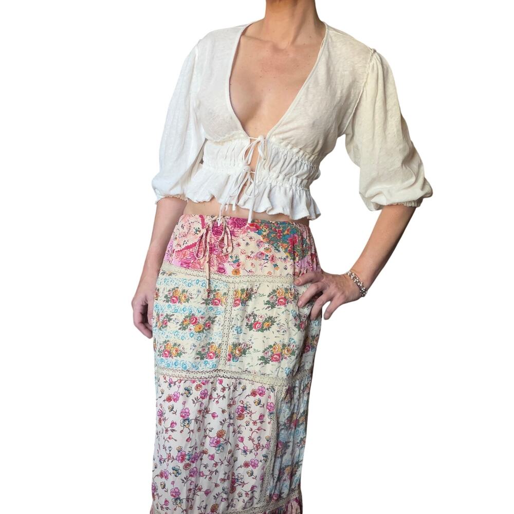 Free People Linen Blend Boho Crop Top | Tie Front Peasant Blouse Cottagecore